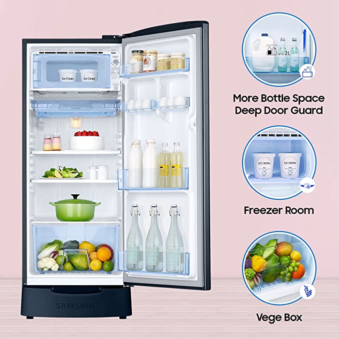 Samsung 183 L 3 Star Digital Inverter Direct Cool Single Door Refrigerator (RR20C1823U8/HL, Saffron Blue, Base Stand with Drawer 2023 Model) Samsung 183 L 3 Star Digital Inverter Direct Cool Single Door Refrigerator (RR20C1823U8/HL, Saffron Blue, Base Stand with Drawer 2023 Model)